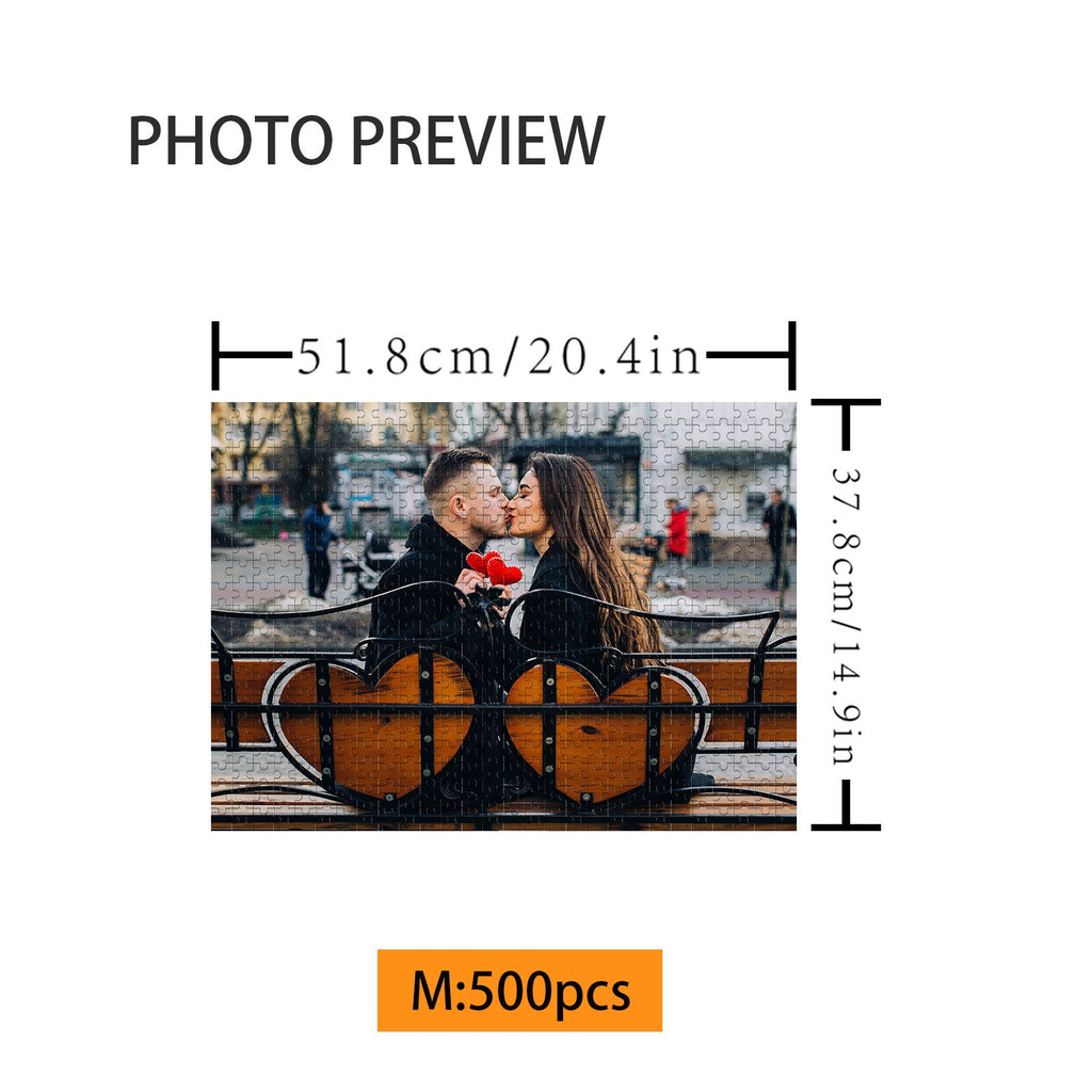 Couple sharing a moment, showcasing a 500-piece photo puzzle for unique gift ideas.