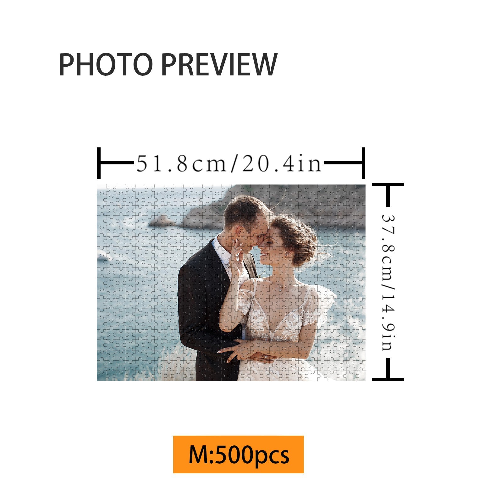 Custom photo jigsaw puzzle featuring a romantic couple, ideal for wedding and anniversary gifts.