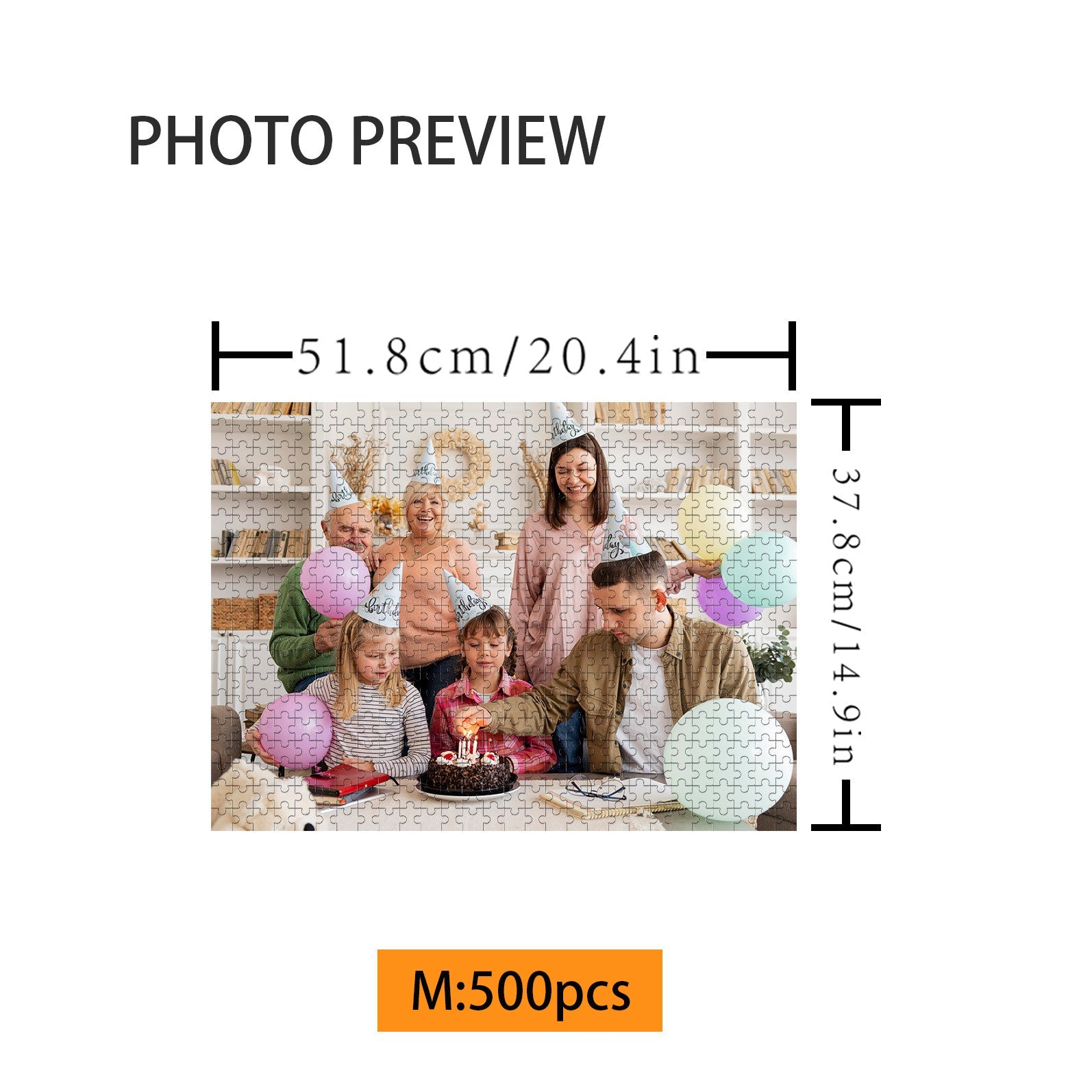 500-piece custom birthday photo jigsaw puzzle featuring a family celebration with cake and balloons.