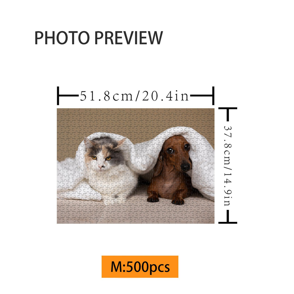 500-piece custom puzzle featuring a playful cat and dog under a blanket, showcasing pet-themed enjoyment.