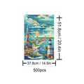 Coastal City 500 piece puzzle showcasing a scenic coastal town with a lighthouse and vibrant clouds.