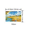Pastoral Autumn 500-piece puzzle featuring a serene landscape with water and golden fields, perfect for mindful exploration.