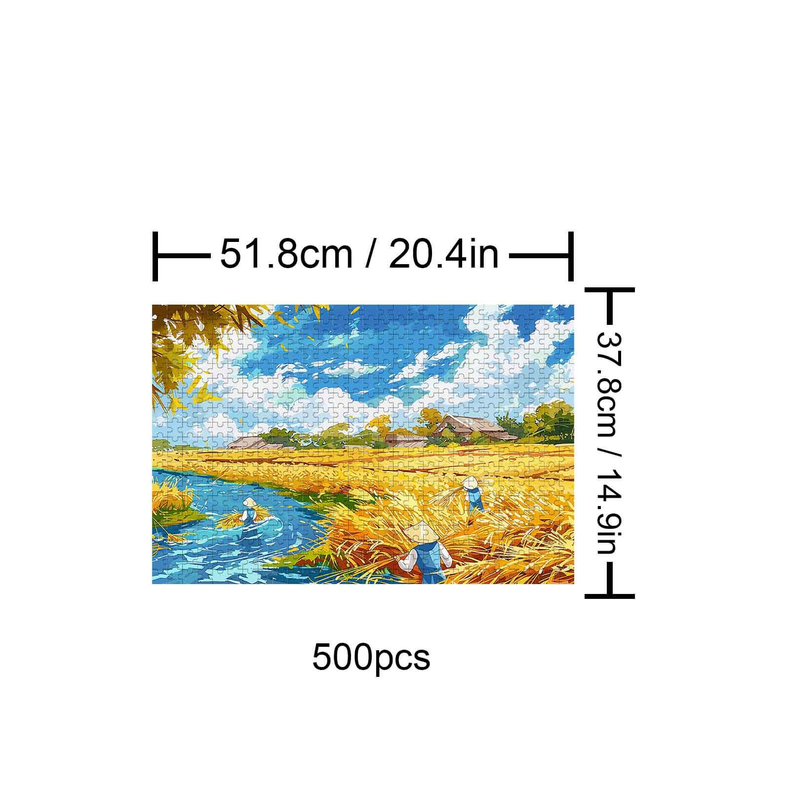 Pastoral Autumn 500-piece puzzle featuring a serene landscape with water and golden fields, perfect for mindful exploration.