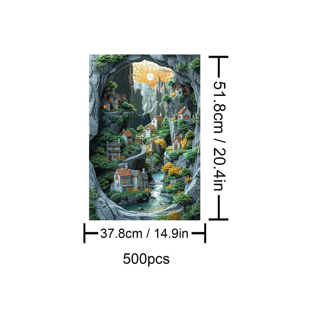 Paradise 500-piece jigsaw puzzle featuring a picturesque village landscape in a scenic canyon.