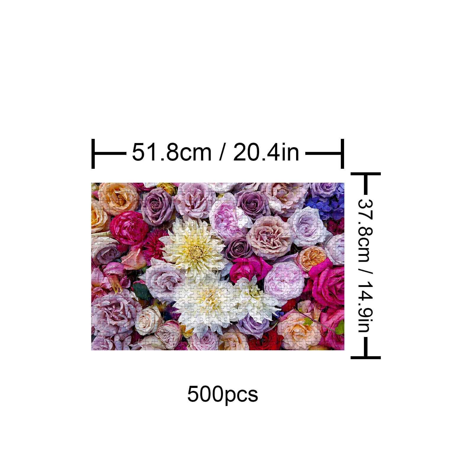 Sea of Flowers 500 piece puzzle showing colorful flower design dimensions 51.8cm x 37.8cm.