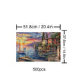 Golden Twilight Haven 500-piece jigsaw puzzle, featuring a serene sunset over a lake with boats and colorful buildings.