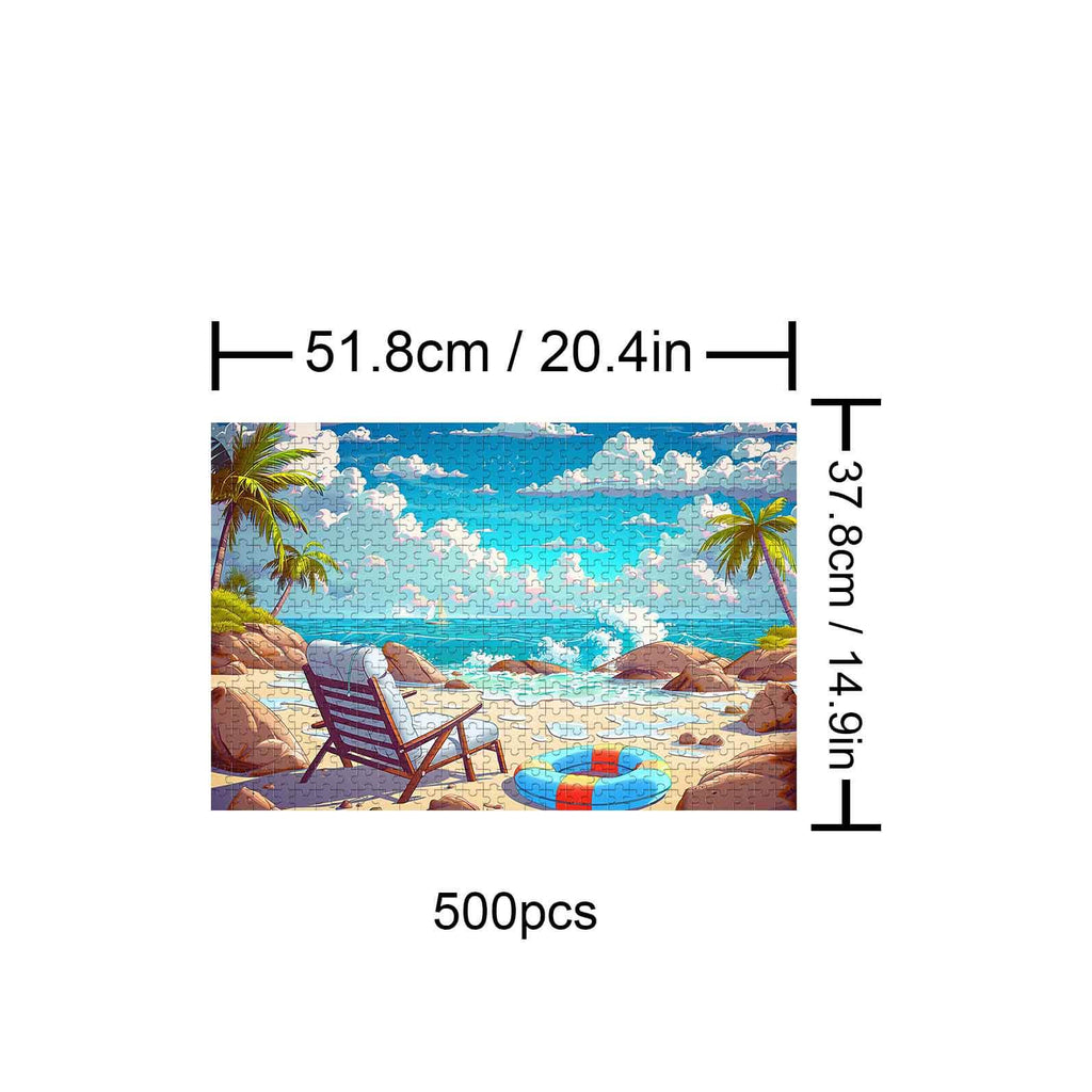 500-piece Relaxing Beach jigsaw puzzle showcasing a serene coastal scene with palm trees and a beach chair.