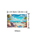 500-piece Relaxing Beach jigsaw puzzle showcasing a serene coastal scene with palm trees and a beach chair.