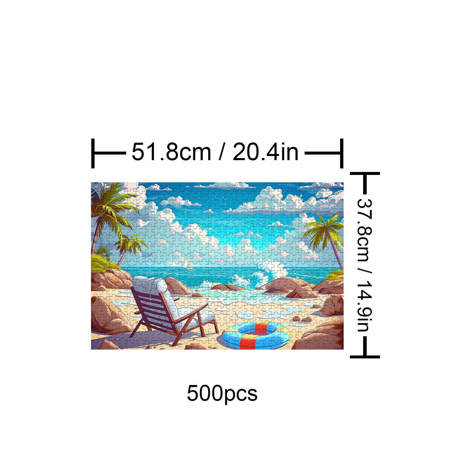 500-piece Relaxing Beach jigsaw puzzle showcasing a serene coastal scene with palm trees and a beach chair.