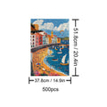 City Beach 500-piece puzzle showcasing vibrant coastal scene with boats and people on the beach, perfect for relaxation and focus.