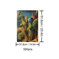 Desert City 500-piece puzzle dimensions with colorful artwork of buildings and trees, ideal for jigsaw puzzle enthusiasts.