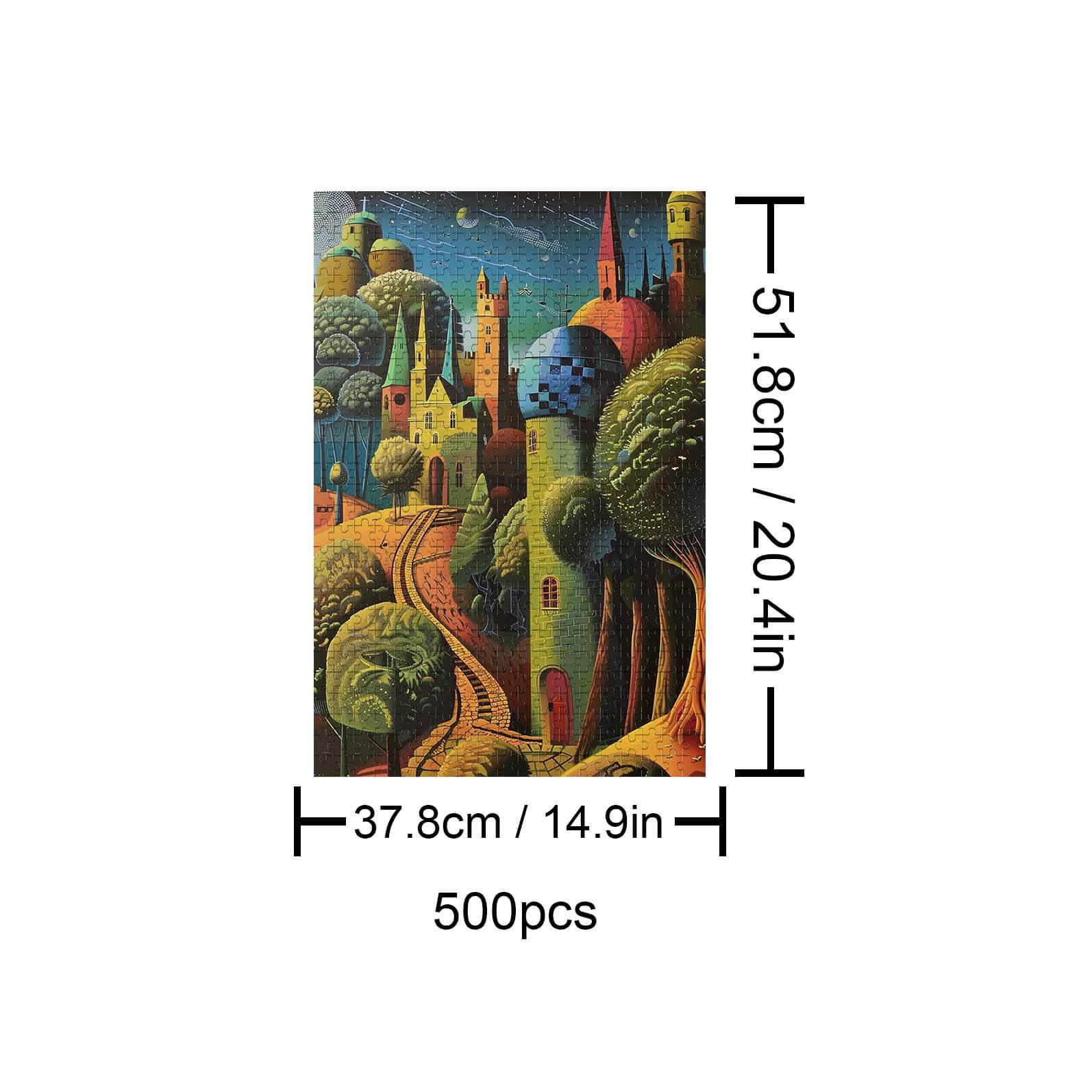 Desert City 500-piece puzzle dimensions with colorful artwork of buildings and trees, ideal for jigsaw puzzle enthusiasts.