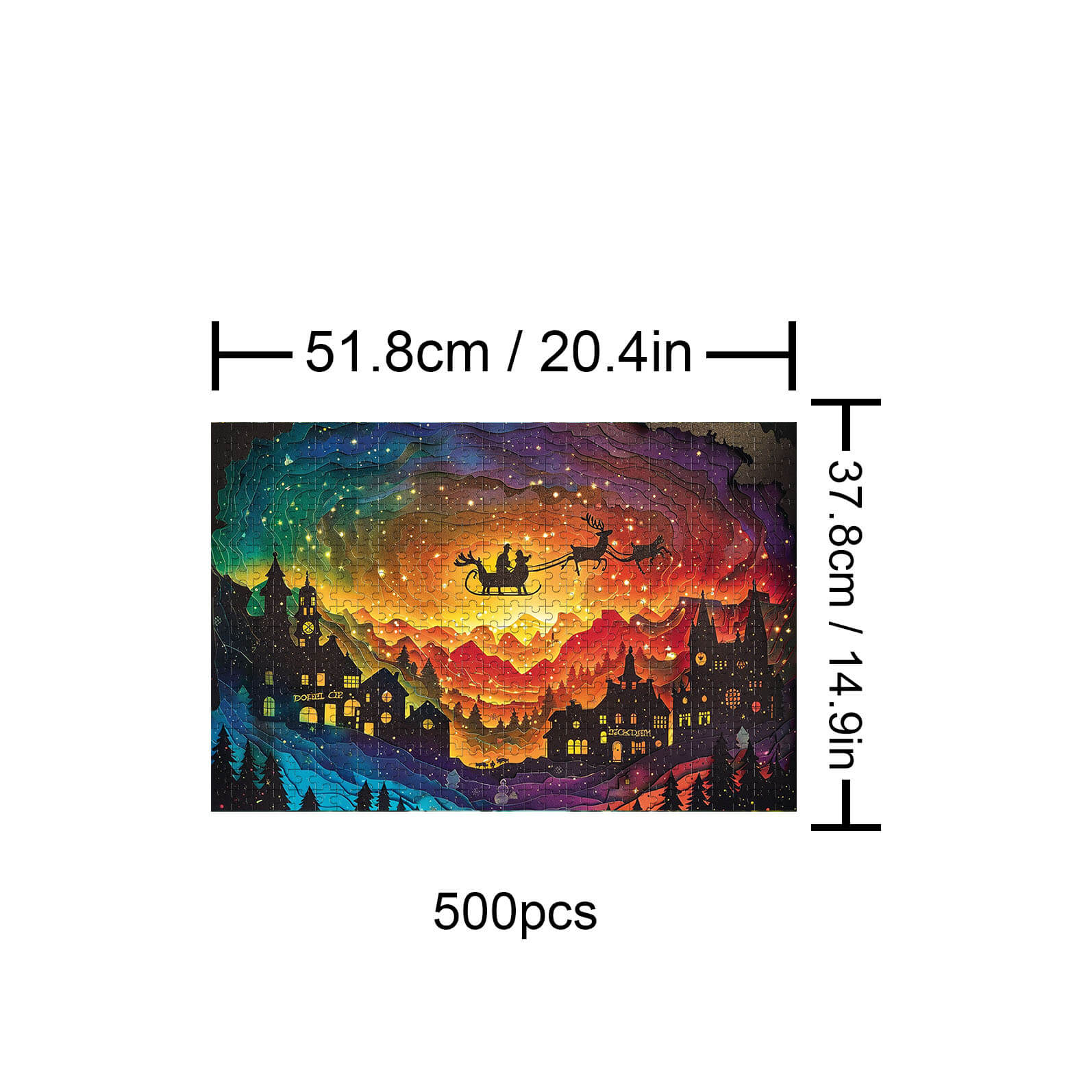 Christmas Eve 500-piece puzzle featuring a colorful night sky with Santa and his sleigh over a snowy village.