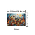 Weird Town 500-piece puzzle featuring colorful buildings under a starry sky, perfect for jigsaw puzzle lovers.