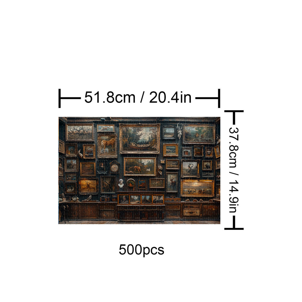 500-piece Family Gallery puzzle featuring a vintage wall of art frames, enhancing focus and fun for puzzle enthusiasts.