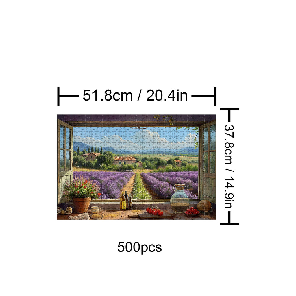 Farm Kitchen 500-piece puzzle with a scenic lavender field view from an open window, designed for mindful exploration.