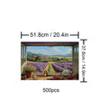 Farm Kitchen 500-piece puzzle with a scenic lavender field view from an open window, designed for mindful exploration.