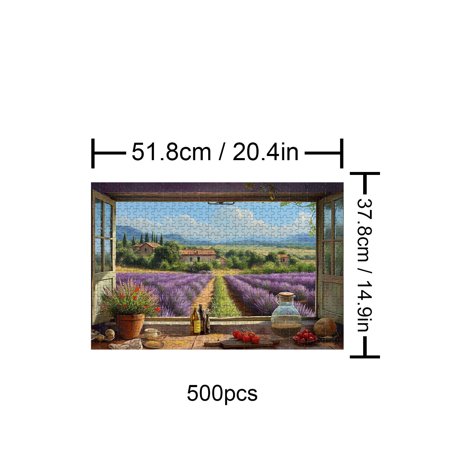 Farm Kitchen 500-piece puzzle with a scenic lavender field view from an open window, designed for mindful exploration.