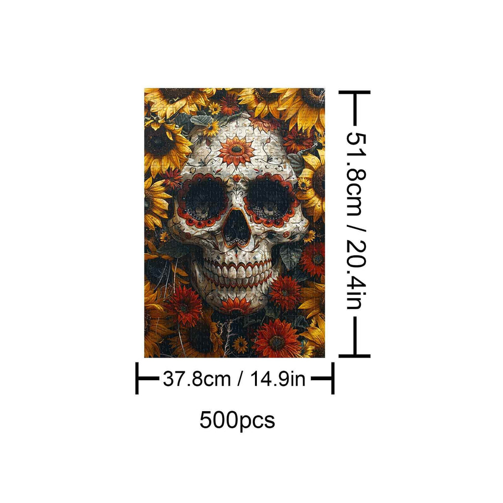 Halloween Skull puzzle with sunflowers, 500 pieces for a fun and thoughtful jigsaw experience.
