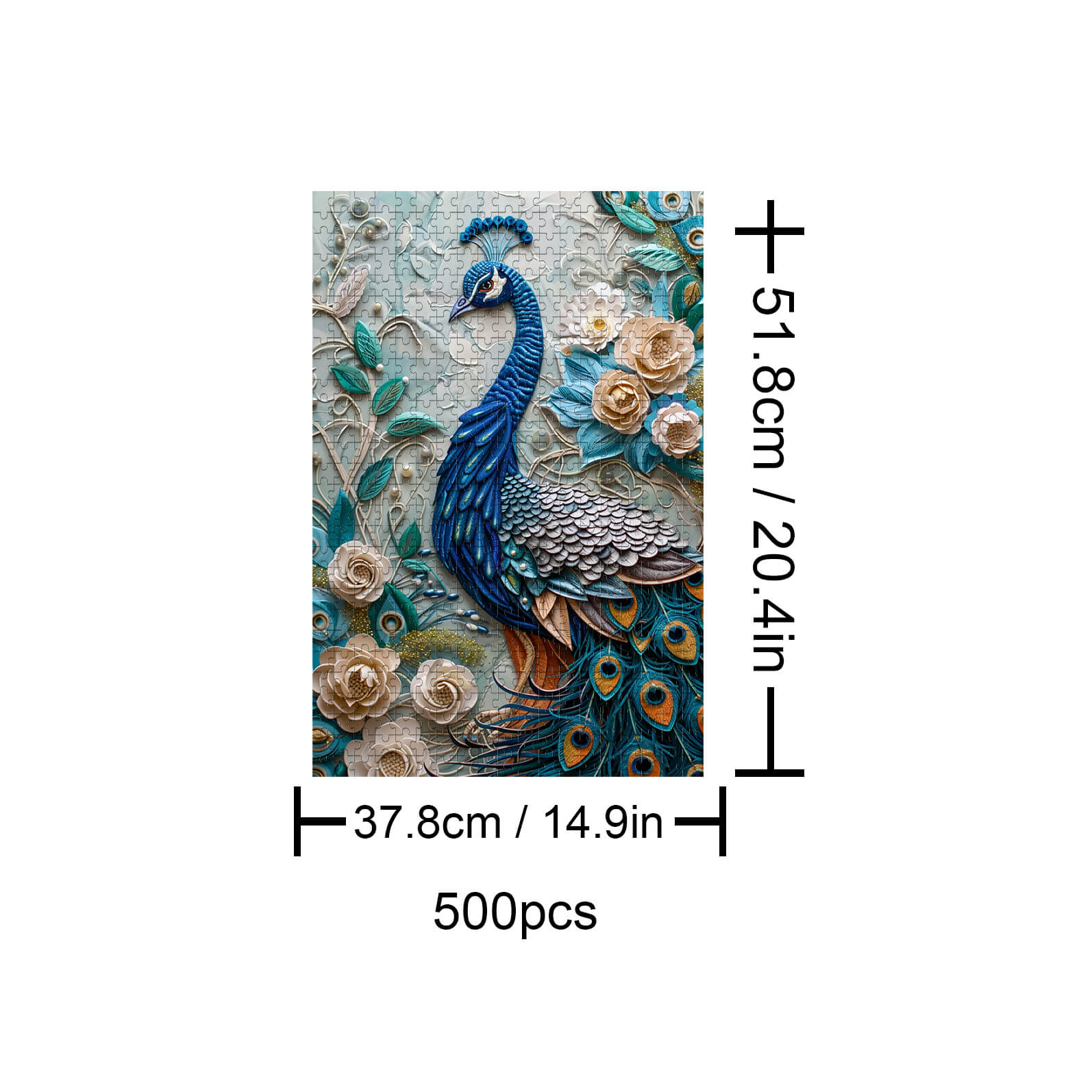Peacock Mural 500-piece puzzle featuring vibrant colors and floral details, perfect for jigsaw puzzle enthusiasts.
