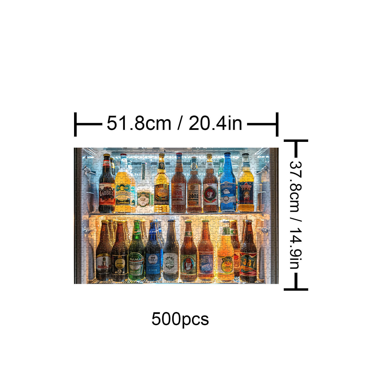 Ice Drink 500-piece jigsaw puzzle featuring various beer bottles in a refrigerator, enhancing focus and cognitive skills.