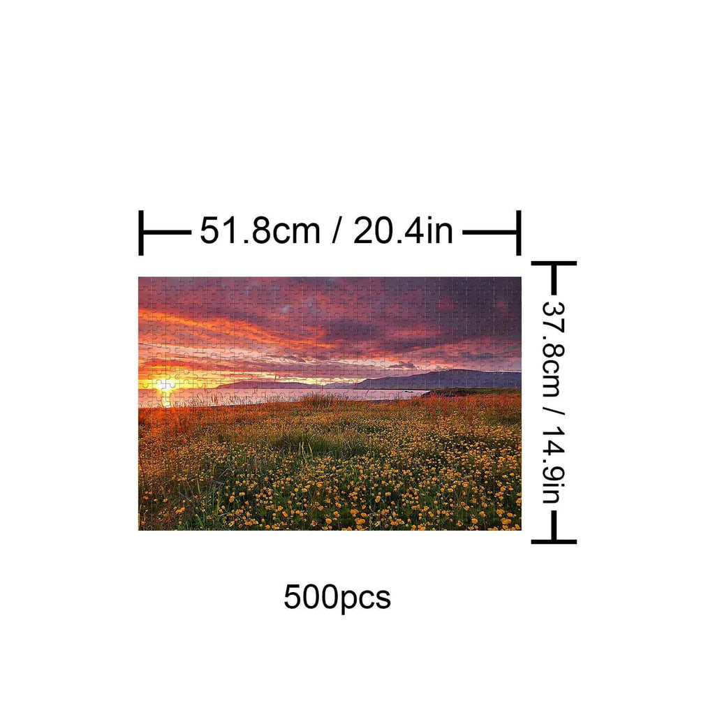 Lakeside Sunset 500-piece jigsaw puzzle featuring a vibrant sunset over a meadow, perfect for mind games and focus.