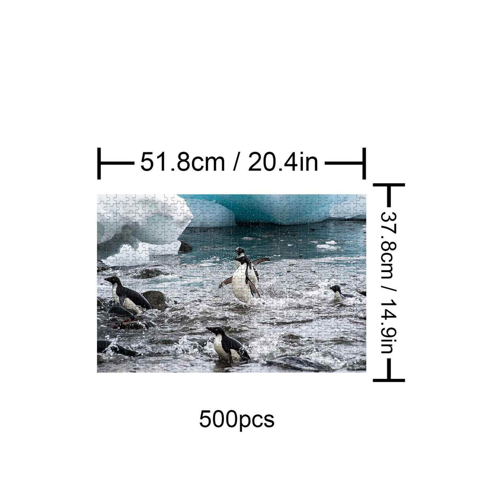 Happy Penguins 500 piece puzzle dimensions and design, perfect for enhancing focus and cognitive skills.