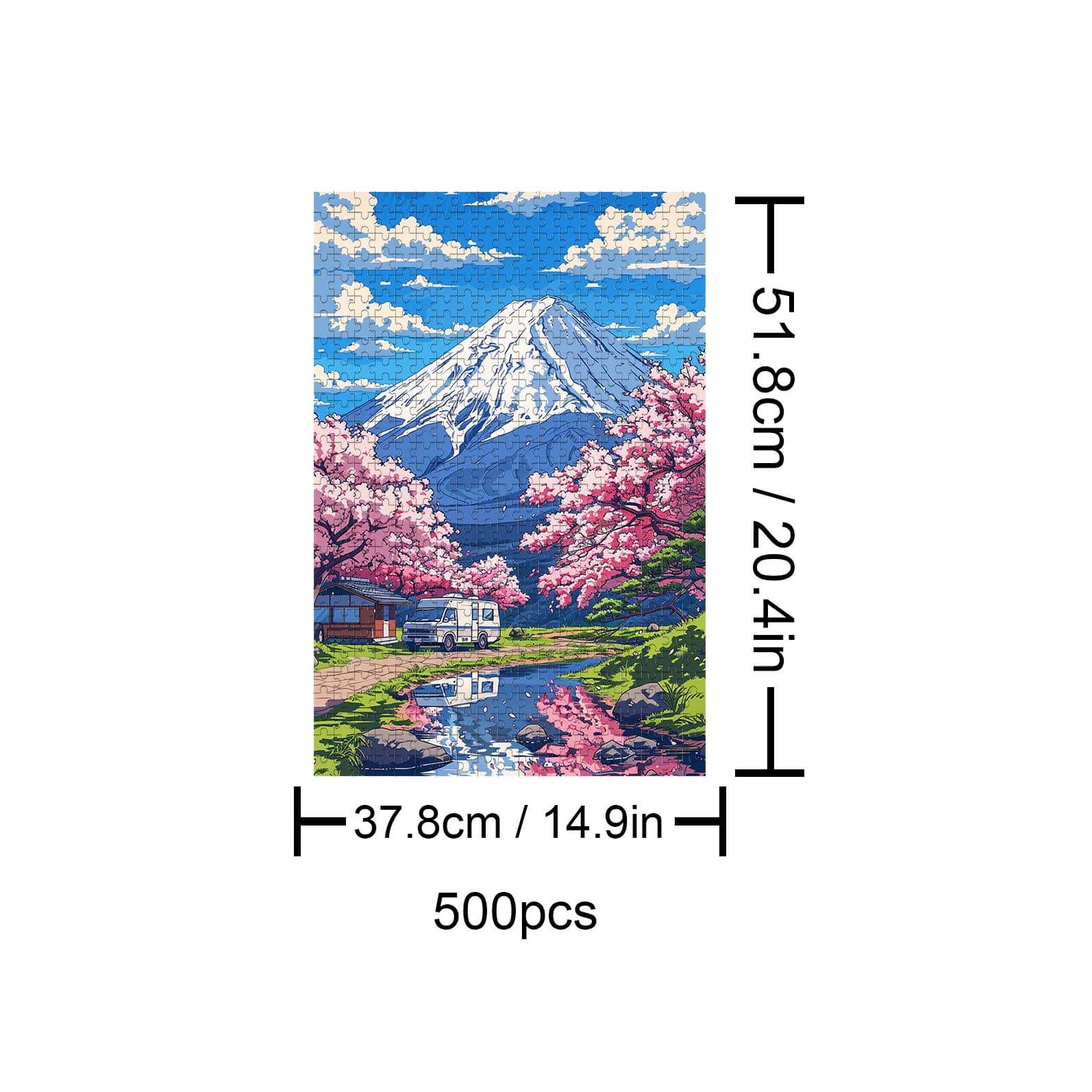 Mount Fuji 500 piece puzzle featuring cherry blossoms and serene landscape, enhancing focus and cognitive skills.