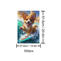 500 piece puzzle of a happy surfing corgi riding a wave, perfect for puzzle enthusiasts and dog lovers.
