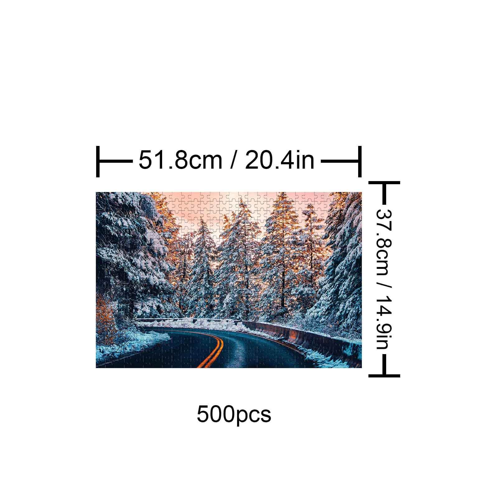 Snow Country Highway 500 Piece Puzzle featuring a scenic winter landscape with a winding road through snow-covered trees.