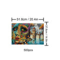 Fantasy Land 500-piece puzzle featuring vibrant artwork of a face and a scenic view, dimensions: 51.8cm x 37.8cm.