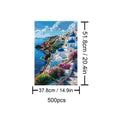 Santorini 500 piece puzzle showcasing stunning cliffside view with blue domes and vibrant flowers, perfect for puzzle lovers.