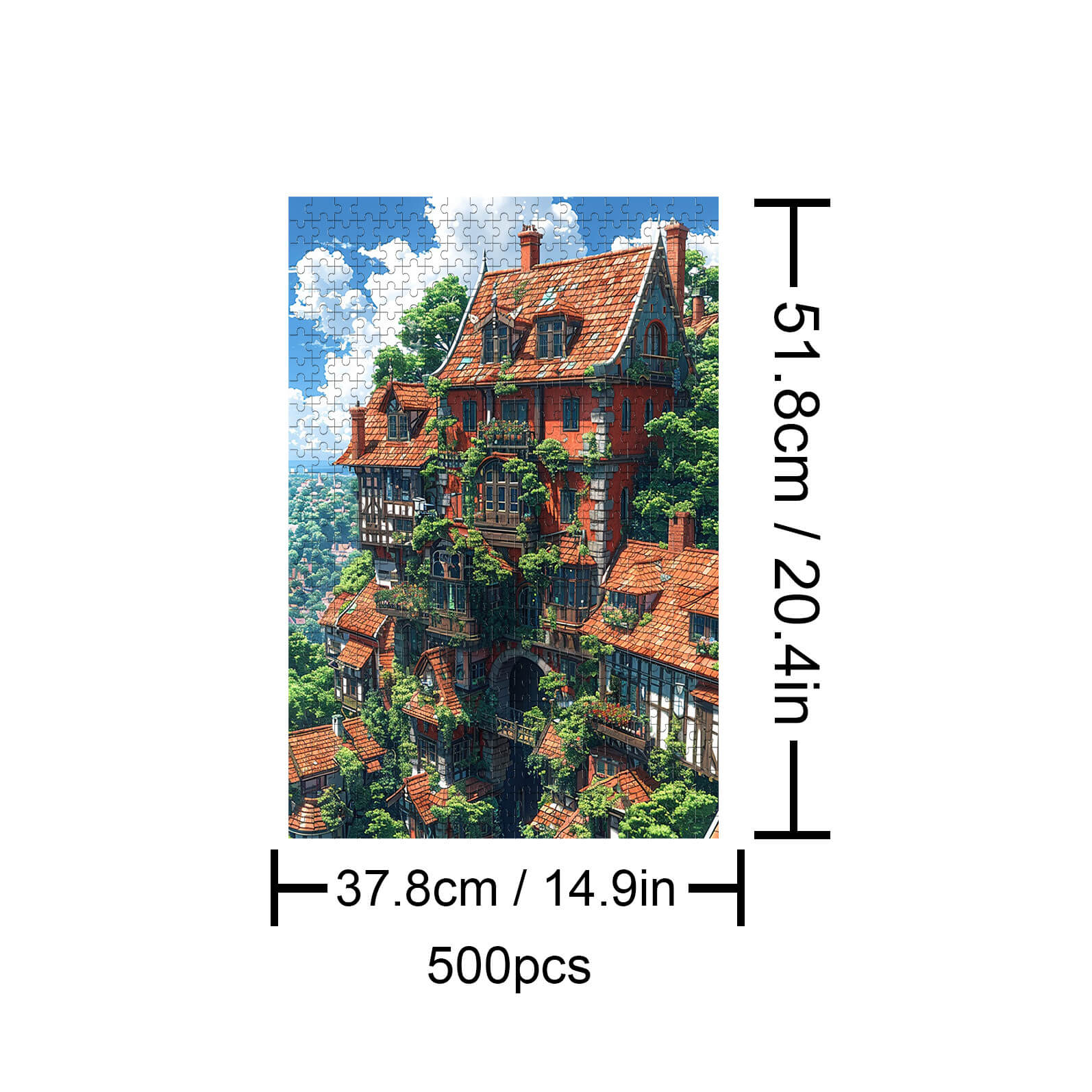 Beautiful 500-piece Huge Island puzzle featuring a stunning, colorful scene of a lush, greenery-adorned building.