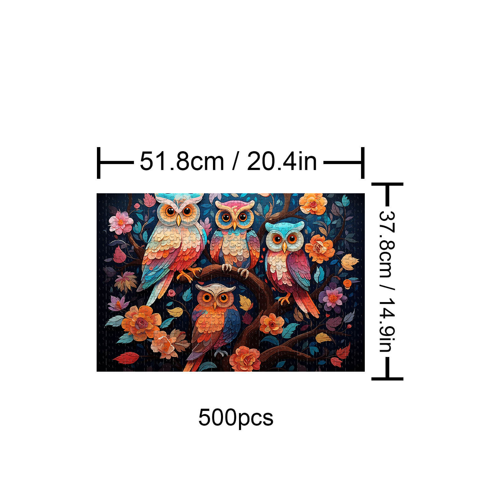 Owl Family 500 Piece Puzzle featuring vibrant owls and flowers, promoting focus and intelligence through fun jigsaw play.