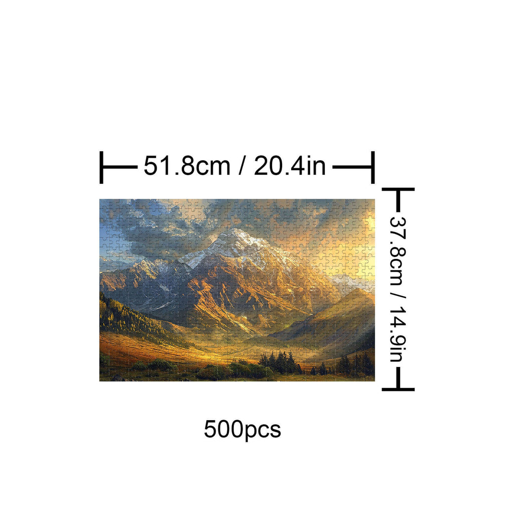 Sunset Mountains 500 piece puzzle showcasing stunning mountain scenery for calming puzzle-solving fun.