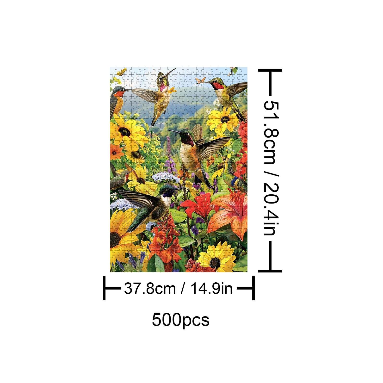 500-piece jigsaw puzzle featuring colorful hummingbirds and vibrant flowers in a nature scene.