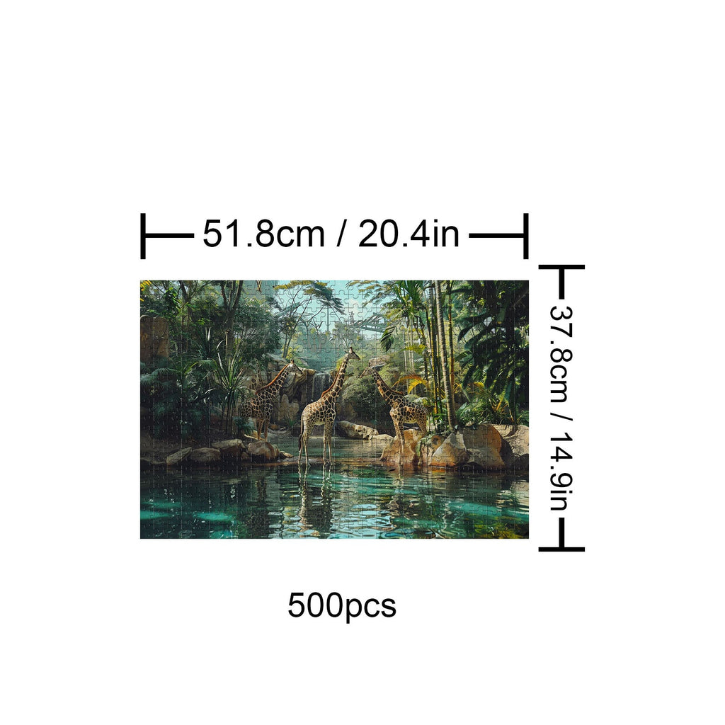 Forest Giraffes 500-piece puzzle dimensions and vibrant jungle scene with giraffes by a serene water body.