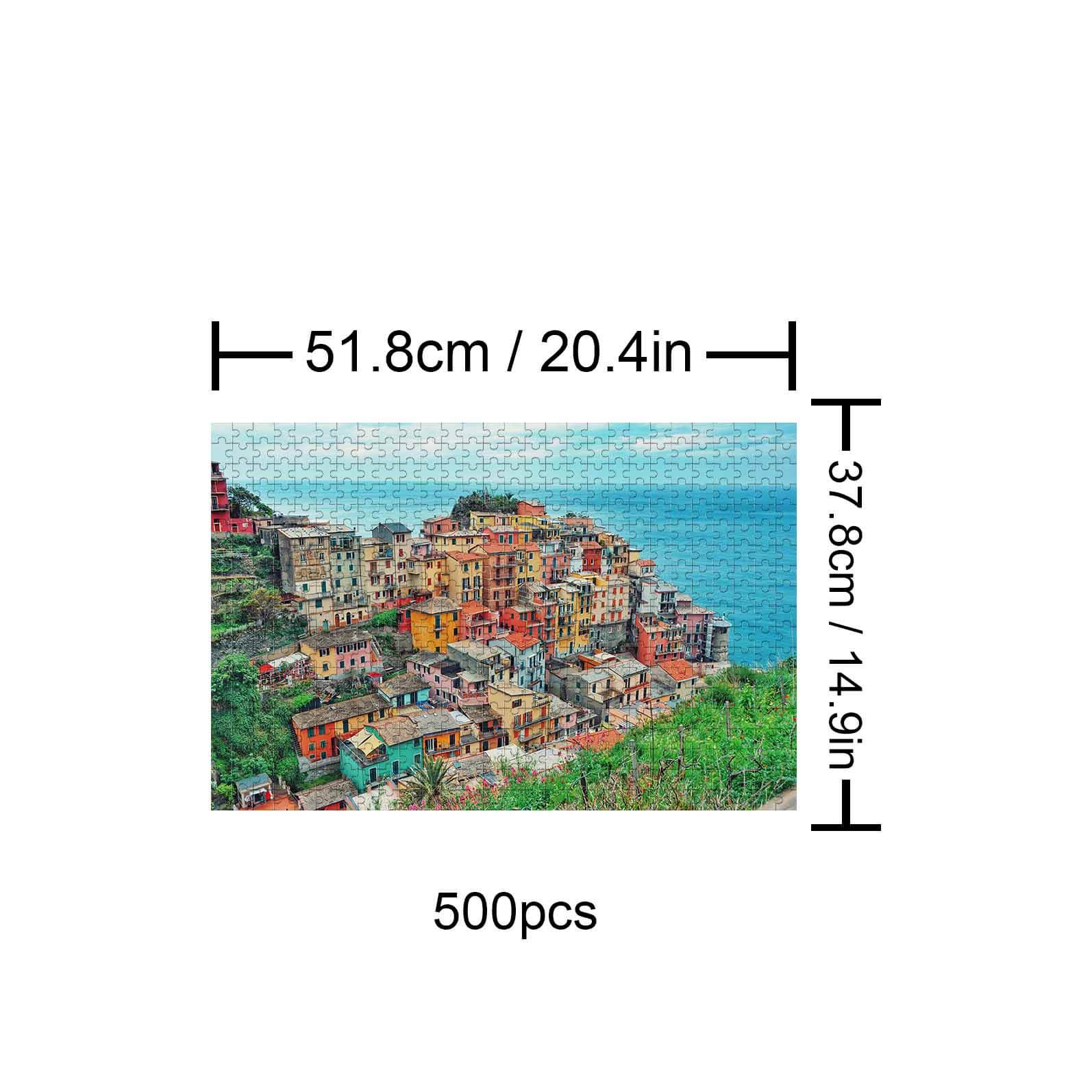 Seaside Village 500-piece jigsaw puzzle showcasing colorful coastal houses and ocean view, perfect for mind games and focus.