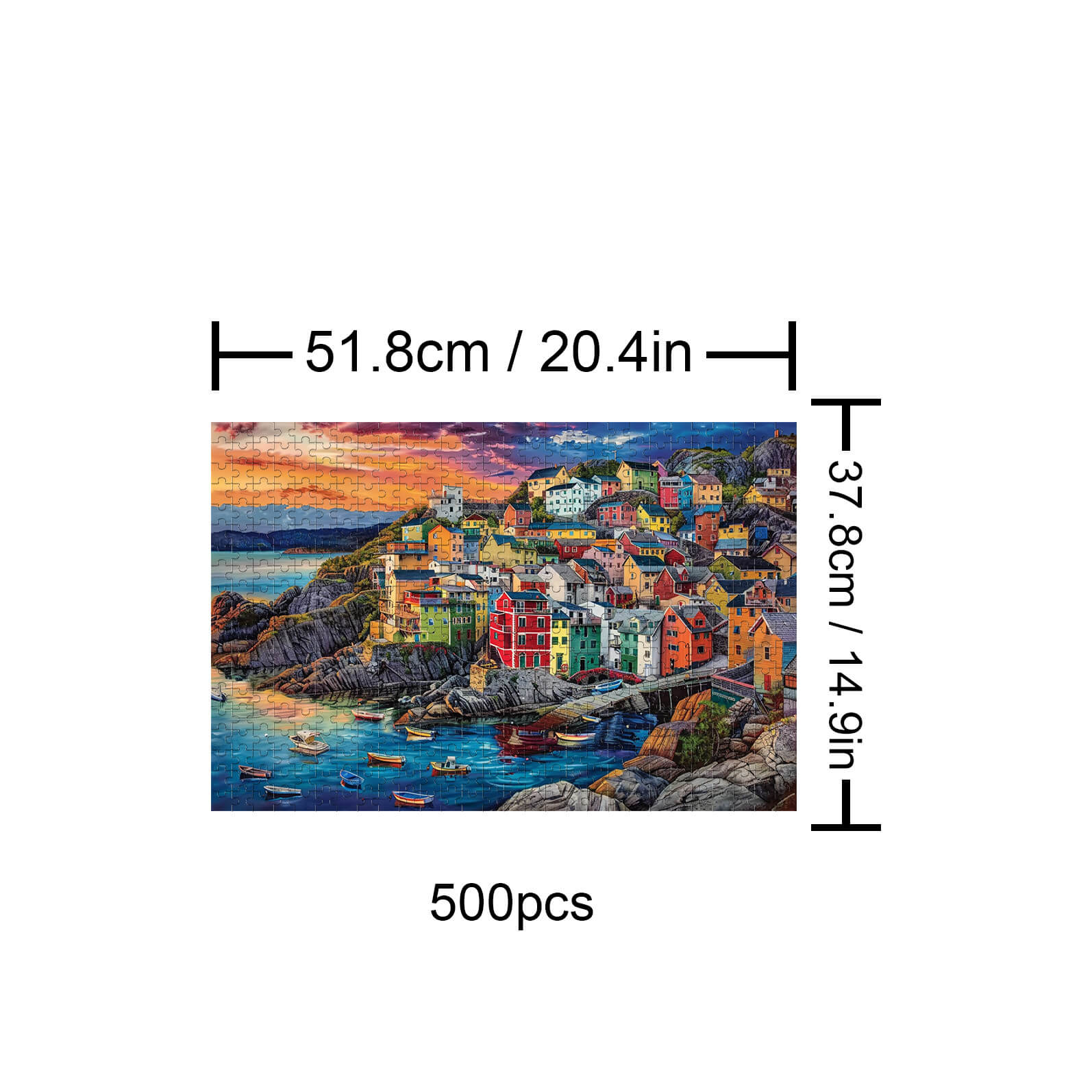 Harbor Towns 500-piece puzzle showcasing colorful coastal houses and boats, ideal for puzzle enthusiasts.