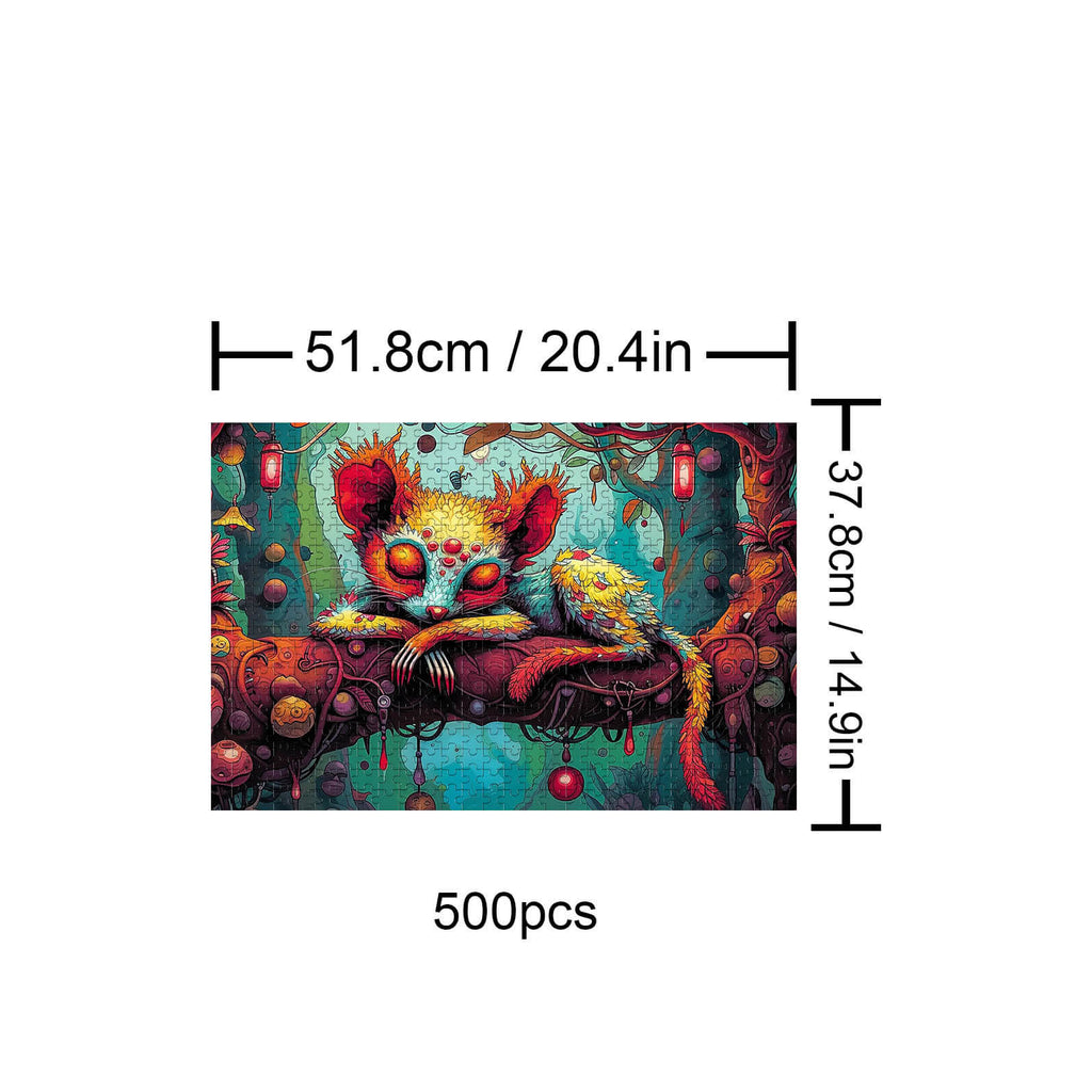 Dreamy Civet 500 piece puzzle showcasing a vibrant, whimsical civet design, perfect for jigsaw puzzle enthusiasts.