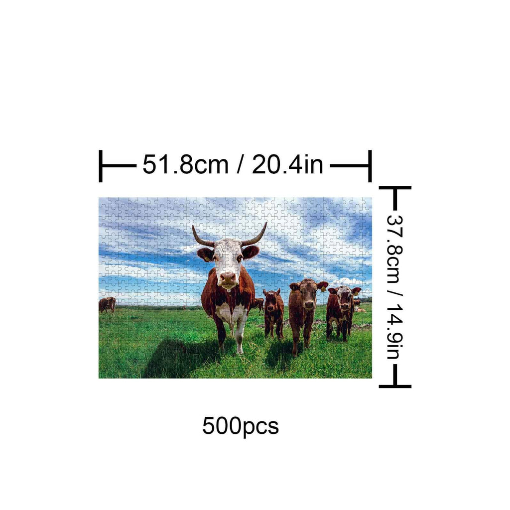 Cows on the Grassland 500 piece puzzle featuring cows in a grassy field, ideal for enhancing focus and cognitive skills.