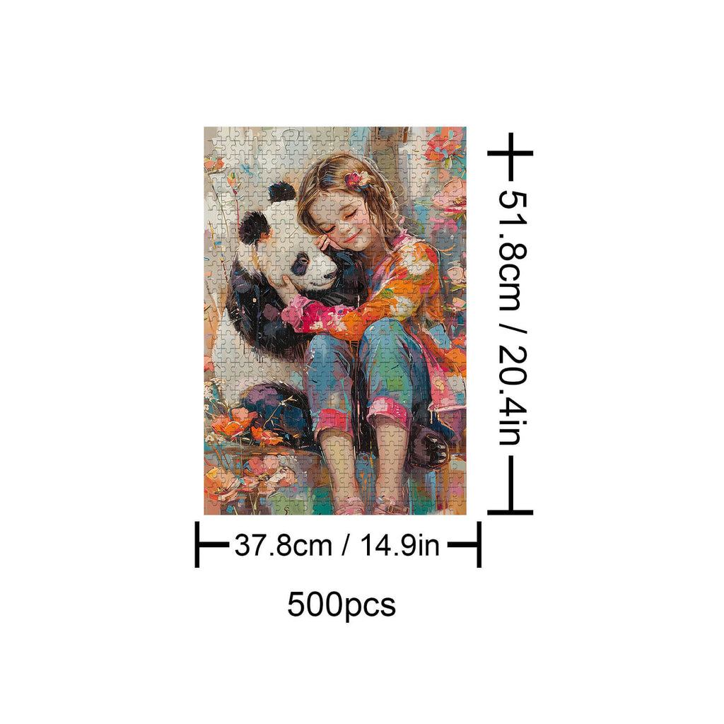 Panda and Girl 500-pc puzzle featuring a girl hugging a panda, designed for fun and focus through puzzle-solving.