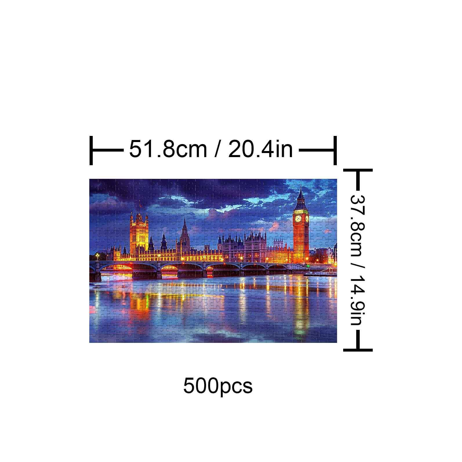 London Riverside Sunset 500-piece puzzle with Big Ben and river view, dimensions 51.8cm x 37.8cm.