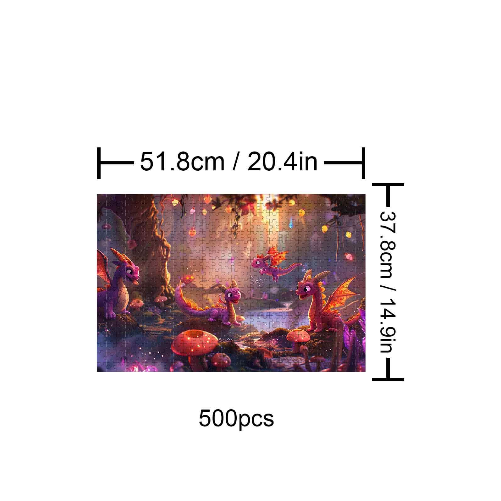 Dragon Paradise 500 piece puzzle with vibrant dragons near a magical forest setting, perfect for focused puzzle enthusiasts.