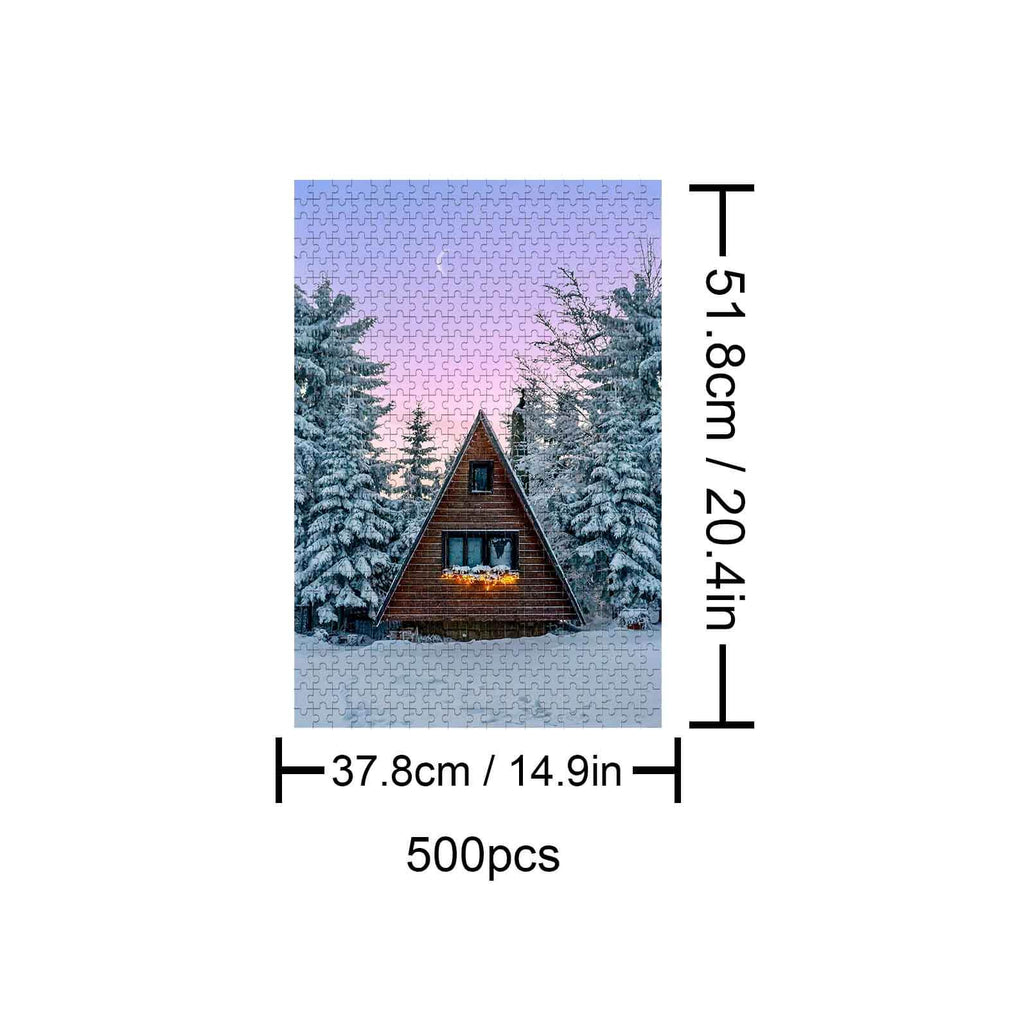Dreamy Winter Night 500-piece puzzle featuring a cozy cabin in a snowy landscape, perfect for puzzle lovers.