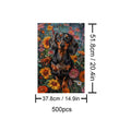 Dachshund surrounded by vibrant flowers in a 500-piece puzzle, perfect for jigsaw puzzle enthusiasts.