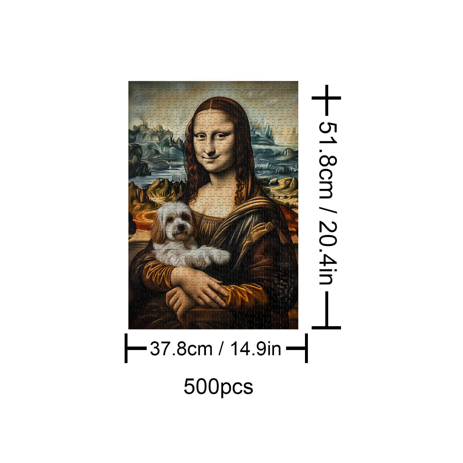 Mona Lisa and Puppy 500 piece puzzle, perfect for jigsaw puzzle enthusiasts and brain training activities.