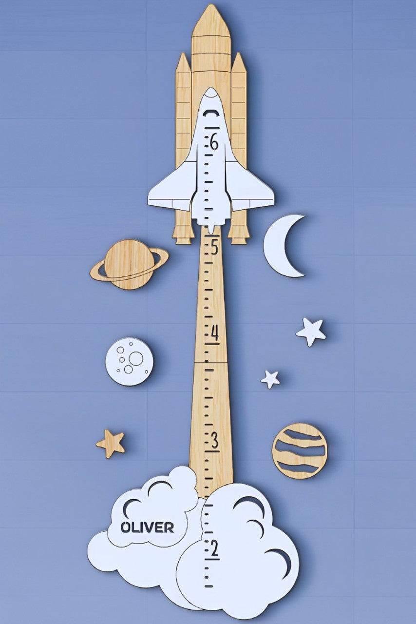 Personalized wooden rocket growth chart for kids, featuring names, colorful planets, and whimsical clouds.