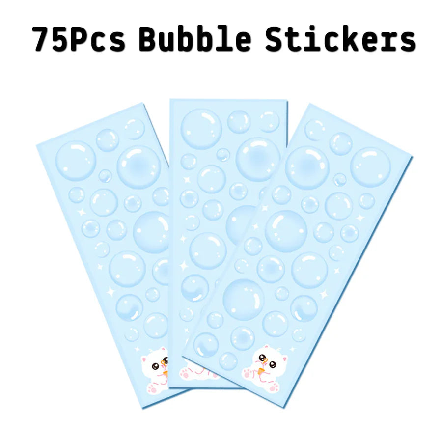75-piece water bubble stickers on light blue sheets, ideal for crafts and decoration.
