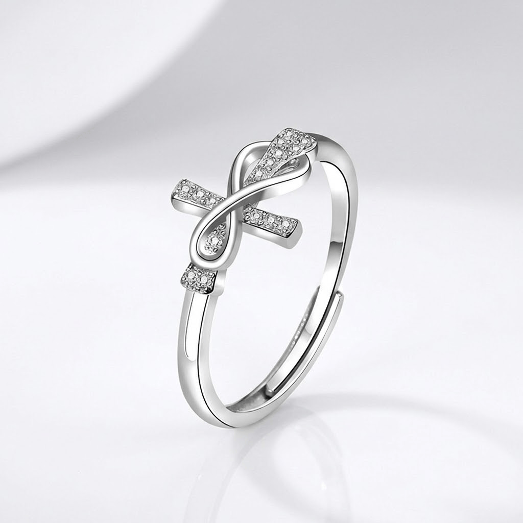 TIE & CROSS SILVER RING WITH ZIRCONS - (ADJUSTABLE)